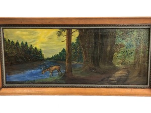 lot 230 image: Large Antique Folk Art Oil on Canvas Painting - Deer at Stream