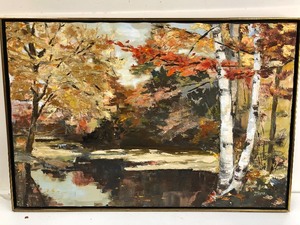 lot 229 image: Large Framed Signed Oil on Canvas Impression Fall Landscape Painting by HW Rogers