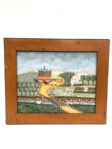 lot 222 image: Framed Oil on Canvas Folk Art Farmstead Scene