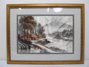 lot 244 image: View Of Mount Fuji Japanese Silk Embroidery Art Signed