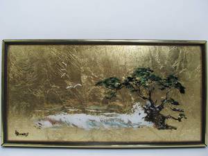 lot 245 image: Artist H Richards Asian Trees Bonsai On Gold Leaf Signed