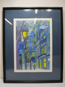 lot 252 image: Original Nicholai Blechinger European Street Night Scene Watercolor Painting Signed