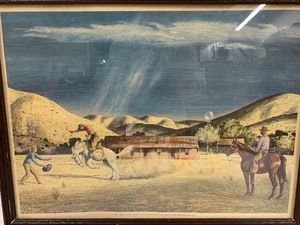 lot 272 image: Framed Vintage Western Cowboy Advertising Print - His First Rider by Peter Hurd