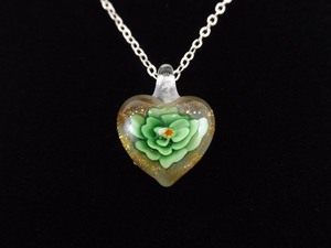 .925 Sterling Silver Green Flower Murano Glass Heart Pendant Necklace