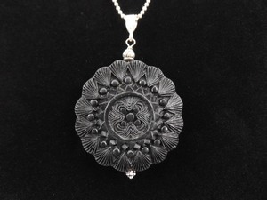 .925 Sterling Silver Black Lacquer Carved Wood Sun Disk Pendant Necklace