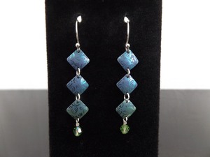 .925 Sterling Silver Blue and Green Etched Flower Cascade Dangle Hook Earrings