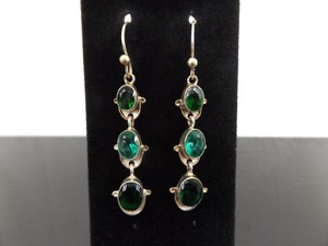 .925 Sterling Silver Faceted Emerald Crystal Dangle Hook Earrings