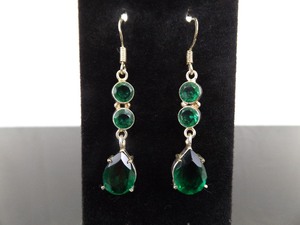 .925 Sterling Silver Faceted Emerald Crystal Dangle Hook Earrings