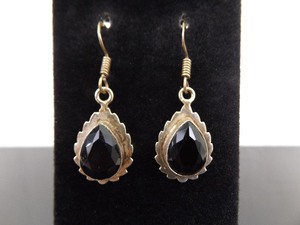 .925 Sterling Silver Pear Cut Black Onyx Dangle Hook Earrings
