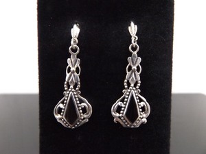 .925 Sterling Silver Inlayed Black Onyx Dangle Post Earrings