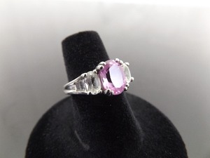 .925 Sterling Silver Oval Cut Pink Sapphire Crystal Ring Size 5.75