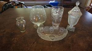 Five Glass Items--Three Vases--Tall Dish W Lid-- Serving Bowl