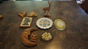 Eight Items-Wooden Cat W The Moon-Gunde Wetter Picture-Nebraska Collectors Plate-Wall Decor W Daisies On It-Wooden Carved Deer-Two Corkscrew Trivets