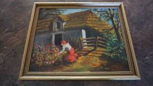 Framed Picture Of Female Working In Flower Bush (CUV) Near House