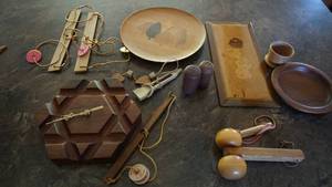 Wooden Items--S & P Shakers--Clock--Plate, Etc