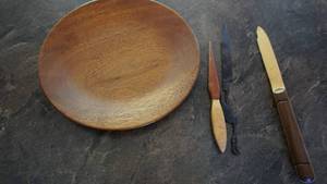 Wooden Hand Carved Plate & Silverware
