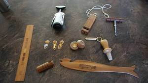 Two Cork Screws-Wine Toppers-Hand Carved Whistle-Ruler-Key Chains-Book Markers