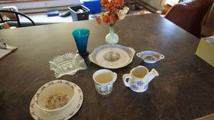 Glass Candy Dish-Glass Watering Can-1936 English Fine Bone China Bunny Kins  Salad Plate & Cereal Bowl-England Fine Bone China-Coffee Cups-Royal Albert Bone China-England  Serving Plate Silver Birch Small Matching Two Vases