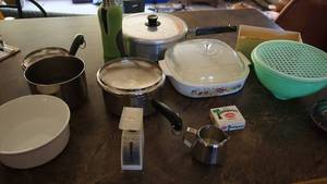 Flexible Steam Rack-Three Pots & Pans W Covers-Corning Ware-Diet Scale-Colander-Insulated Water Bottle W Sub Zero Cover-Etc.