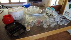 Miscellaneous Dishes--Some Glassware--S & P Shakers--Red Vase--Serving Bowls--Cake Pans--Capco Lettuce Dryer--Black Divided Vegetable Dish
