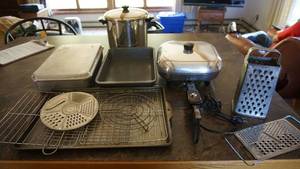 Aluminum Cake Pan W Cover--Large Soup Pot W Cover--Vegetable Shredder--Vintage Sunbeam Electric Fry Pan W Cover