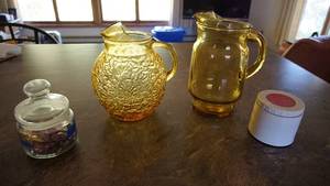 Two Yellow Gold Glass Water Pitchers--Soup Thermos--Two Hotplates--Glass Candy Dish W Cover
