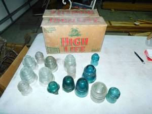 Clear & Turquoise Blue Glass Electric Insulators In A Miller High Life Returnable Bottles Beer Case
