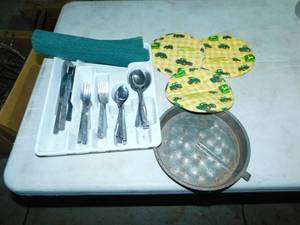 Three Hot Pads--One Ovenex Metal Round Cake Pan--Silverware In A Tray--Green Mesh Drawer Liner