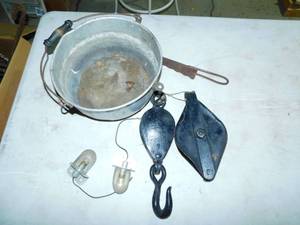 An Antique  Metal Kettle W A Wooden Handle---Hoisting Pulley, Etc.