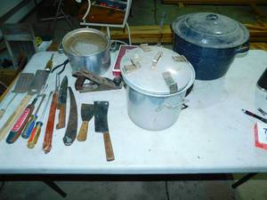 Antique Canner W  Cover--Aluminum Kettle W Cover--Grilling Tools--Putty Knife--Pressure Cooker