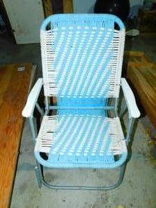 Lt Blue & White Woven Lawn Chair W Metal Frame