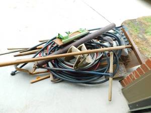 Miscellaneous Antique Snow Shovels-Garden Rakes-Hoses-Lawn Sprinkler- Etc.