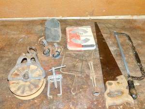 Vintage Hand Saws--Wrenches--Elgin Met-L-Felt Weatherstrip--Lipton Tea Planter Ceylon-- Etc.