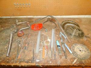 Antique Pipe Wrench--Hand Cranked Drill--Drill Bits--Files--Saw Blades, Etc.