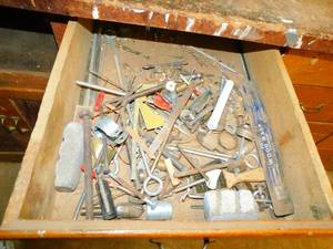 A Drawer Full Of Miscellaneous Antique Items--Nails-Bolts-Tools- Etc.