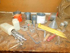 Lot Filled With Nails-Tent Stakes-Drill Bits-Scissors-Funnel-Nuts-Bolts-Wire-Box Cutter