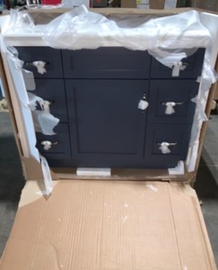 Home Decorators Collection Lincoln 42 in. W x 22 in. D x 34.5 in. H Vanity in Midnight Blue with Cultured Stone Vanity Top in White with White Sink. See Pictures