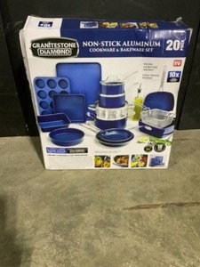lot 2 image: GRANITESTONE Classic Blue 20-Piece Aluminum Ultra-Durable Non-Stick Diamond Infused Cookware and Bakeware Set. See Pictures