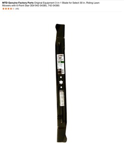 lot 7 image: MTD Genuine Factory Parts Original Equipment 3-in-1 Blade for Select 30 in. Riding Lawn Mowers with 6-Point Star OE# 942-04385, 742-04385. See Pictures