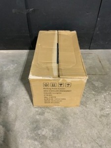 lot 42 image: Unbranded 80 Qt. Stainless Steel Patio Cooler with Wheels in Gray. See Pictures