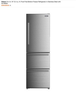 lot 60 image: Galanz 24.4 in. W 12.4 cu ft. Frost Free Bottom Freezer Refrigerator in Stainless Steel with Ice Maker. See Pictures