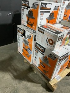 lot 62 image: Pallet of Rigid Shop Vacuums, Accessories & Table Saw. Various Sizes & Conditions. See Pictures