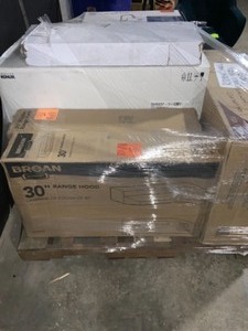 lot 65 image: Pallet of Kitchen Sinks, Faucets & Range Hoods. Various Kinds & Conditions. See Pictures