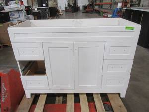 lot 405 image: Home Decorators Collection Thornbriar 48 in. W x 21.52 in. D Vanity Cabinet in Polar White, TB4821-WH - Missing Drawer, Scratch and Dent.