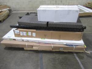 lot 424 image: WHOLESALE MIXED PALLET OF MISCELLANEOUS BUILDING MATERIALS, BARN DOOR AND MORE