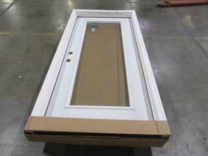 lot 425 image: ODL 36 in. x 80 in. Full Lite Primed Steel Prehung Right-Hand Inswing Back Door wBrickmould (Cracked Brickmould).