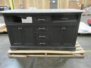 lot 306 image: Home Decorators Collection Windlowe 61 in. W x 22 in. D x 35 in. H Bath Vanity in Gray with Carrara Marble Vanity Top (Cracked) in White with White Sink - Tilt Drawers need to be reinstalledfixed.