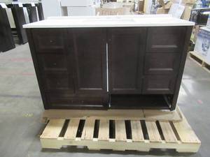 lot 308 image: Home Decorators Collection Claxby 61 in. W x 22 in. D Bathroom Vanity in Chocolate with Stone Effects Vanity Top (Slight scratches) in Dune with White Sink, CB60P2DNRCOM-CH - Missing Bottom Drawer.