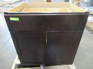 lot 315 image: Shaker Assembled 30x34.5x24 in. Base Kitchen Cabinet with Ball-Bearing Drawer Glides in Java - Cracked Brace above drawer.