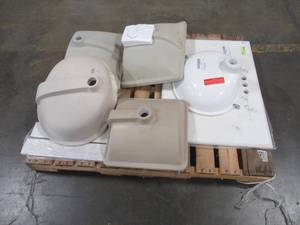 lot 350 image: WHOLESALE MIXED PALLET OF MISCELLANEOUS VANITY TOP AND SINK BASINS